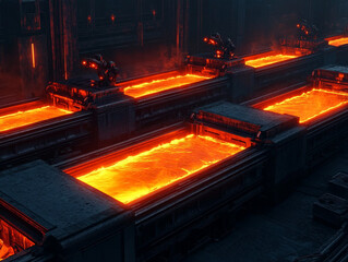 Molten metal flowing in industrial factory, vibrant orange hues, dark background.