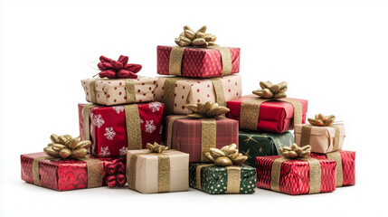 Obraz premium Stack of colorful gift boxes with ribbon, gift box for birthday, wedding, anniversary, party, event, gift guide, retail idea, advertising, Christmas gifts on the white background. AI generation