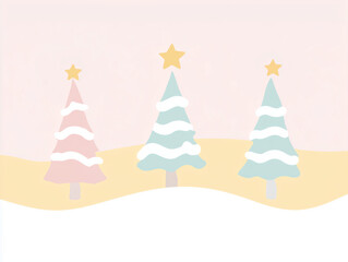 Illustration of Three aligned adorned minimalist Christmas trees with star on top, snowed landscape, cartoon clipart in pastel tones, 2D vector art