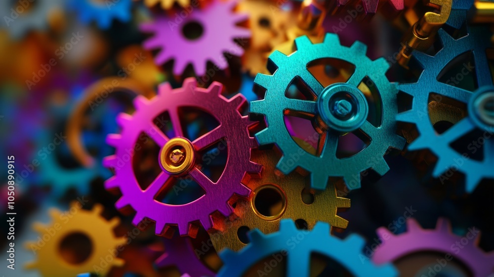 Poster a symphony of interconnected gears in vibrant colors, symbolizing the integration and collaboration 