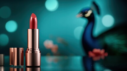 A striking red lipstick with a metallic finish stands on a glossy surface with a vibrant peacock in the background, highlighting beauty, elegance, and allure.