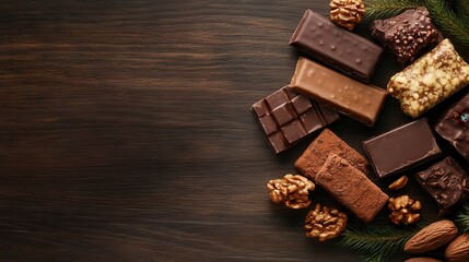 A variety of chocolate bars, including milk and dark options, surrounded by walnut pieces on a rustic wooden surface, portraying indulgence and richness.