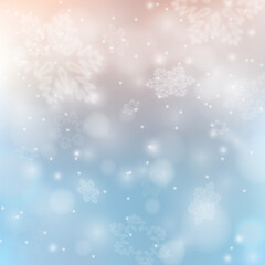 Fototapeta premium Christmas snowfall. Winter snow background. Blue sky with falling snow, snowflake. Fantazy design template. Eps 10