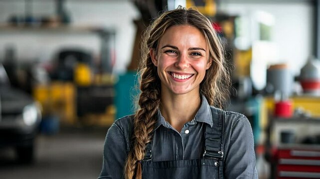A female mechanic smiles while working in a garage