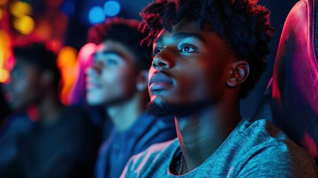 Three individuals deeply engaged in a gaming environment with colorful lighting effects, showcasing intense focus and a dynamic, immersive atmosphere.