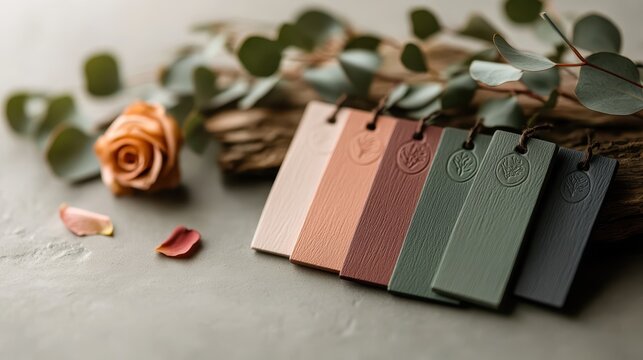 A set of elegant color palette samples displayed alongside eucalyptus branches and a delicate rose, creating a serene and harmonious artistic arrangement.