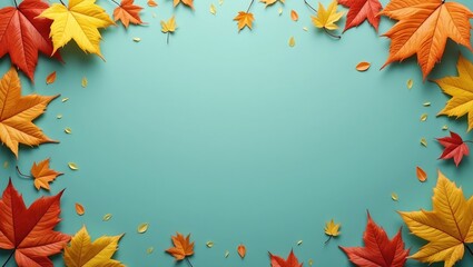 Obraz premium Autumn leaves bordering teal background