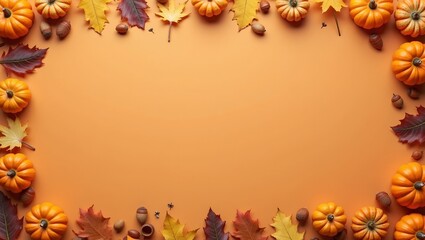 Autumn themed border with pumpkins leaves and acorns on muted orange background