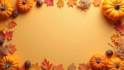 Autumn themed border with pumpkins leaves and acorns on muted orange background
