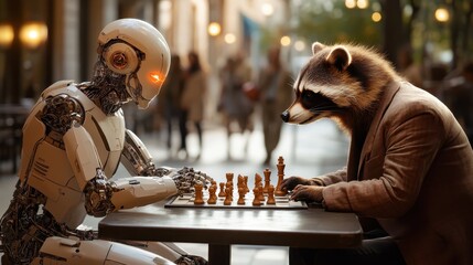 A humanoid robot and a raccoon, dressed in a suit, play chess on an outdoor table, blending whimsy and technology in a lively urban environment.