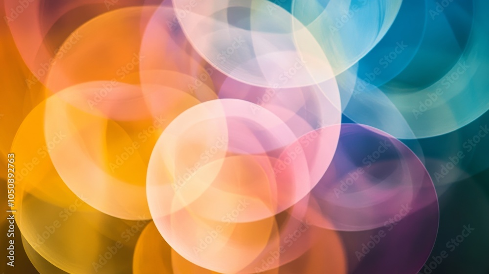Poster a symphony of overlapping circles in varied hues, symbolizing the integration and harmony of diverse
