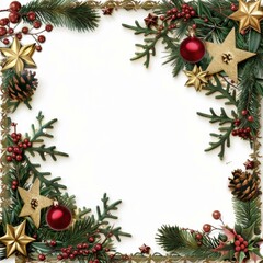 Festive Christmas frame adorned with holly leaves and shimmering gold stars on a white background.