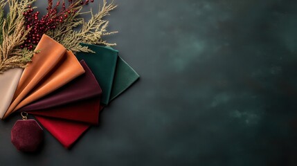 A selection of velvet fabric swatches in warm, rich colors elegantly arranged with festive greenery and bright red berries on a dark, luxurious background.