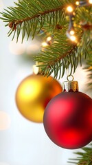 Obraz premium A beautifully decorated Christmas tree adorned with red and gold ornaments in a cozy living room setting.