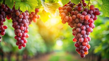 A cluster of red grapes hanging from a lush green vine in a serene garden setting, garden, nature, scenic, plant