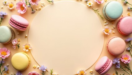 Obraz premium Colorful macarons and delicate flowers frame an empty circular space on a beige background