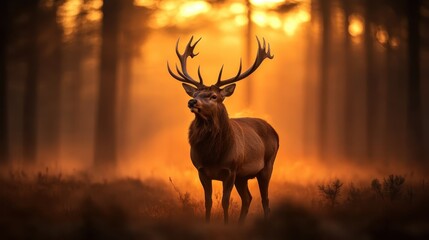 A commanding stag with large antlers gazes upward amidst a vibrant forest as the sun rises, casting dramatic light and shadows around, embodying nature's royalty.