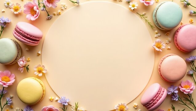 Colorful macarons and delicate flowers frame an empty circular space on a beige background