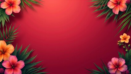 Obraz premium Vibrant tropical flowers frame a central empty space on a deep red background