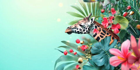 Vibrant Giraffe Amidst Exotic Flora: A Stunning Wildlife Illustration