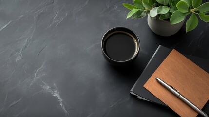 A sleek, modern office desk setup on a dark marble surface with a cup of black coffee, notebook, pen, and a green plant, conveying professionalism and focus.