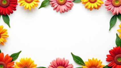 Fototapeta premium Colorful gerbera daisies and green leaves on bright white background Vibrant spring feel