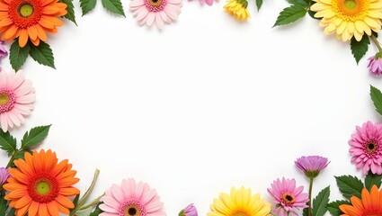 Colorful gerbera daisies and green leaves on bright white background Vibrant spring feel