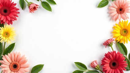 Obraz premium Colorful gerbera daisies and green leaves on bright white background Vibrant spring feel