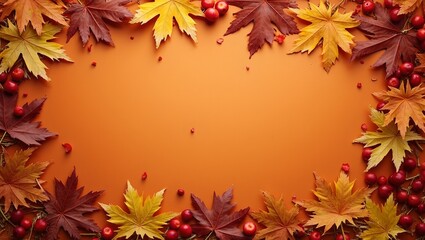 Fototapeta premium Rustic autumn setting with maple leaves cranberries and straw