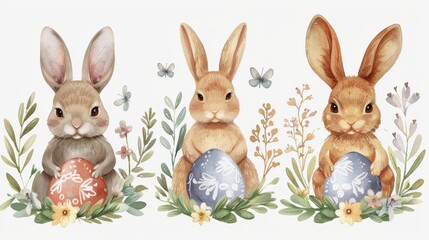 Obraz premium Easter bunnies with floral wreaths and painted eggs, vector on a white background