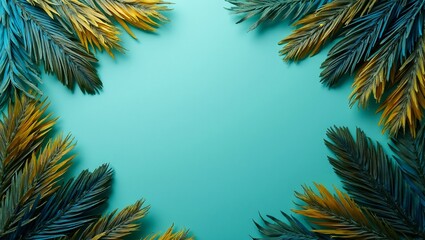 Naklejka premium Vibrant teal background with exotic blue green and yellow feathers