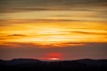 Cloudy yellow sunset on the horizon of the Jura forest