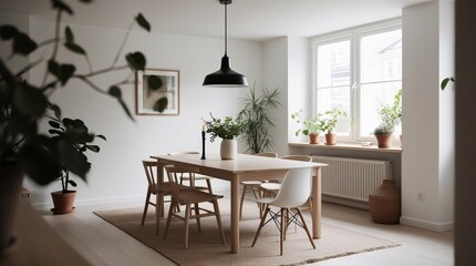 This dining space features a wooden table surrounded by chairs, with potted plants adding greenery. Natural light floods the room, creating a cozy atmosphere in a contemporary home