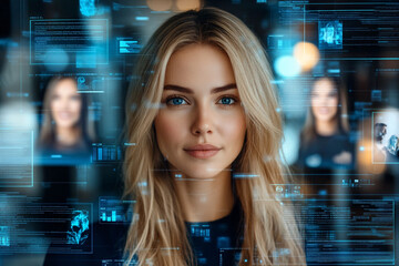 A woman's face is shown in a computer generated image with many faces surroundin