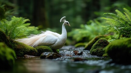 A graceful white peacock stands gracefully amid lush green ferns, beside a gently flowing creek in an enchanting forest setting, exuding peace and tranquility.