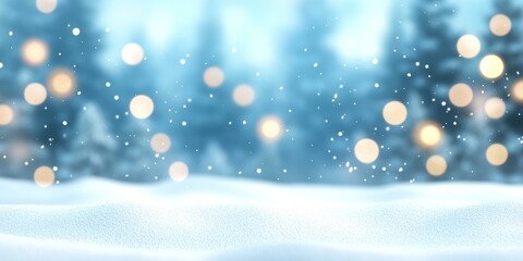 Fototapeta premium A blurred snowy landscape with a softly focused Christmas tree adorned with twinkling lights.