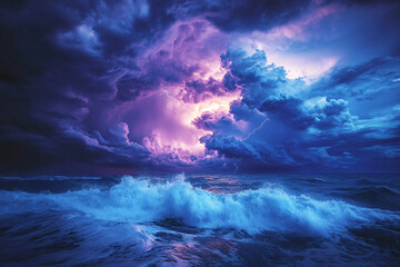 Obraz premium A stormy ocean with a purple sky and lightning. Scene is intense and dramatic