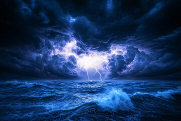A stormy ocean with a purple sky and lightning. Scene is intense and dramatic