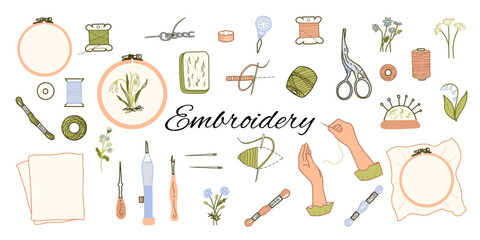 Needlework Set. Hand drawn Vector illustration. Embroidery Tools, Threads Spools, Needles and sewing woman hands in doodle style. Colored art isolated on white background. © Tatiana