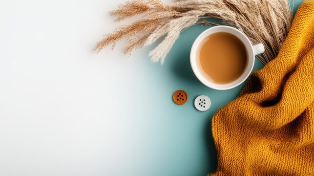 A warm cup of coffee sits on a table next to dry plants and a vibrant mustard-colored blanket, evoking cozy autumn vibes perfect for a comforting break.
