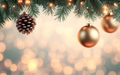 Festive Christmas scene with golden baubles and evergreen fir branches on a cozy knit backdrop.