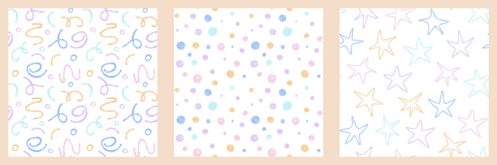Cute Child drawings seamless Pattern set. Scribble stars Dots in pastel colors background. Doodle Hand drawn Crayon Pencil texture. Template for kids scrapbook, packaging, textile print