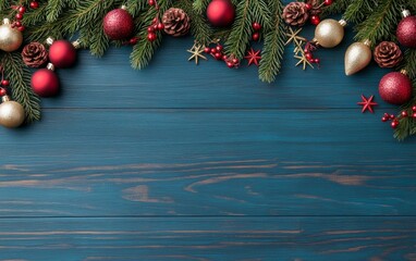 Festive Christmas decorations arranged on a rustic blue wooden background for a holiday-themed display.