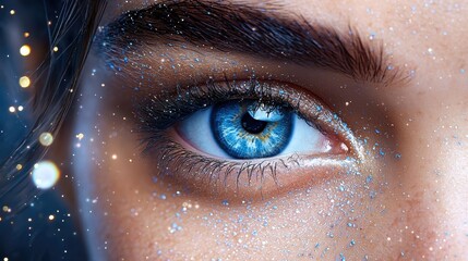 A captivating close-up of a sparkling blue eye embodying the beauty of human emotion and connection enhanced by a dazzling glitter effect that captures the imagination and evokes wonder in the viewer