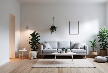 A cozy living room features a light gray sofa with decorative cushions, surrounded by plants and a round coffee table. The bright atmosphere is enhanced by soft lighting and natural elements