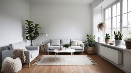 Fototapeta premium A spacious living room featuring light-colored furniture and abundant greenery. Soft textures and natural light create a cozy atmosphere, inviting relaxation and comfort throughout the space