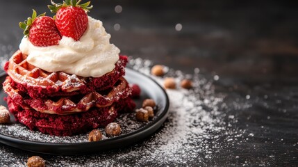 A beautifully stacked array of red velvet waffles topped with cream and strawberries, dusted with sugar, creating an eye-catching artistic dessert masterpiece.