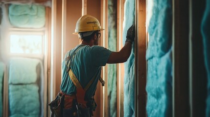 Construction Worker Inspecting Insulation in a New Home