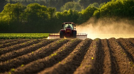 Fototapeta premium Red Tractor Cultivating a Field at Sunset