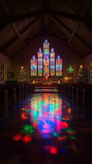Obraz premium Historic church interior with vibrant stained glass window depicting religious scenes in vivid colors.